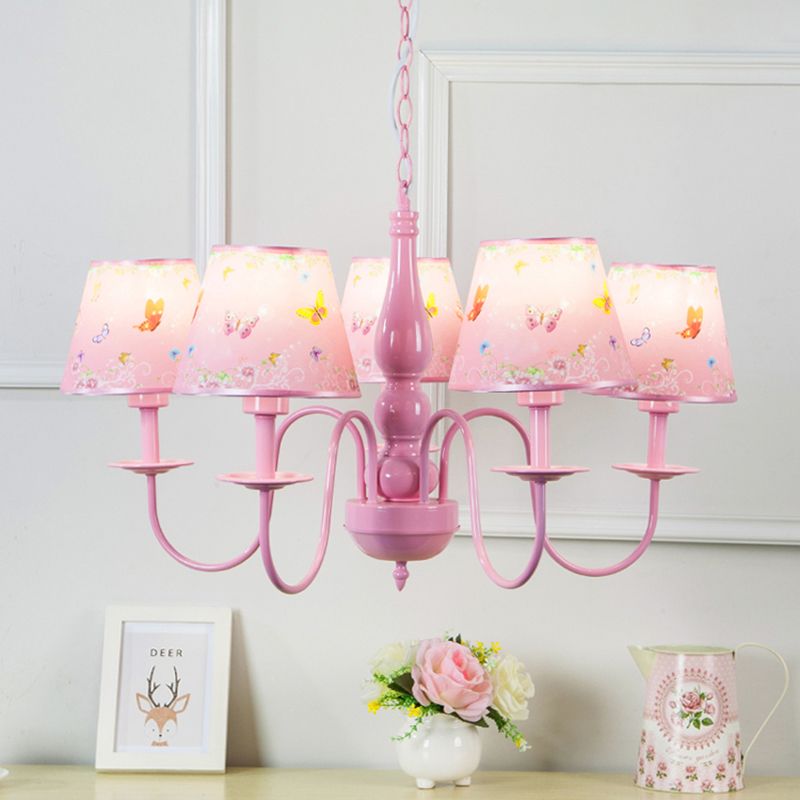 Pink Butterfly Pendant Light 5 Heads Contemporary Metal Chandelier with Fabric Shade for Girls Bedroom