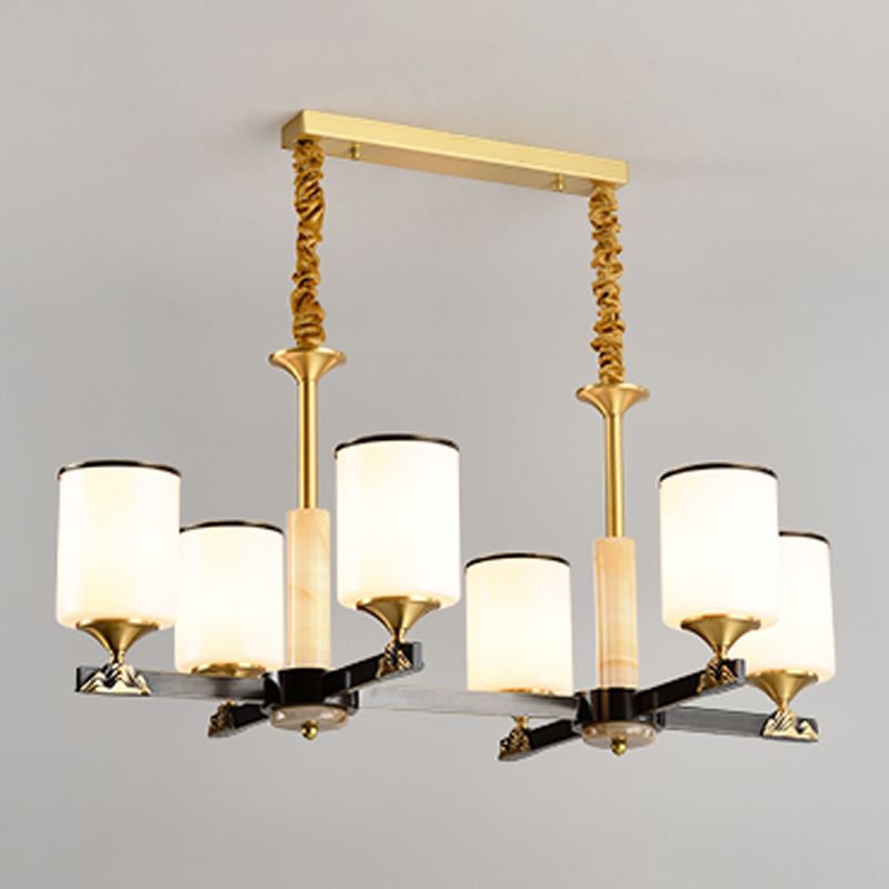 Modern Style Cylindrical Shape Island Lights White Glass 6-light Pendant Lights in Gold