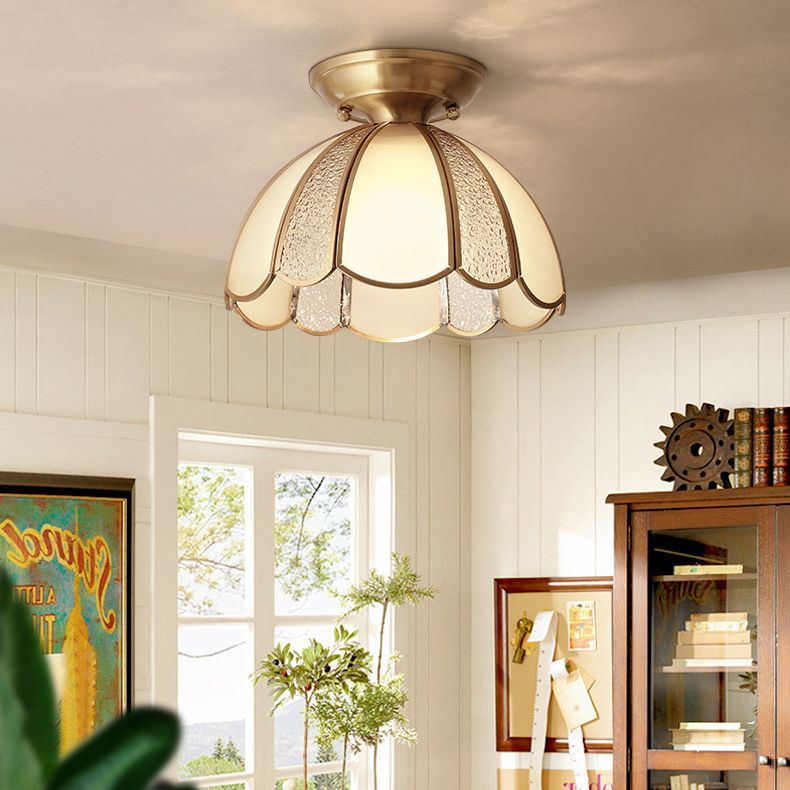 1-Light Bowl Shade Flush Mount Lighting Colonial Style Glass Flush Mount for Hallway