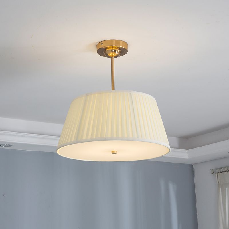 Single Semi Flush Traditional Tapered Pleated Fabric Flush Ceiling Light Fixture in White for Bedroom