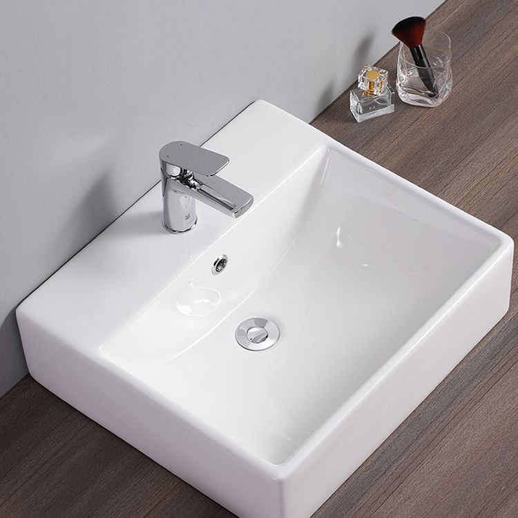 Bathroom Sink White Rectangle Overflow Ceramic One Hole Sink with Faucet
