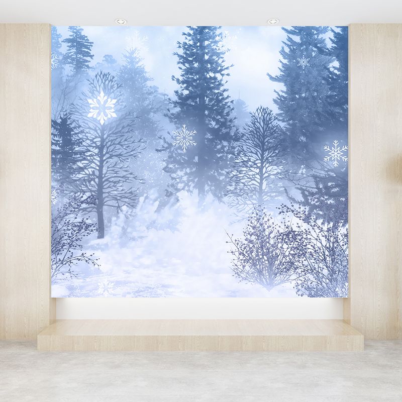 Mysterious Forest Scene Mural Wallpaper for Dining Room, Blue, Custom Size Available