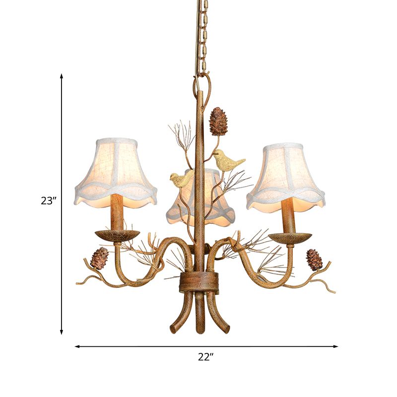 Flared Fabric Hanging Chandelier Rural 3-Light Dining Room Pendant with Bird and Pinecone Decoration in Brown