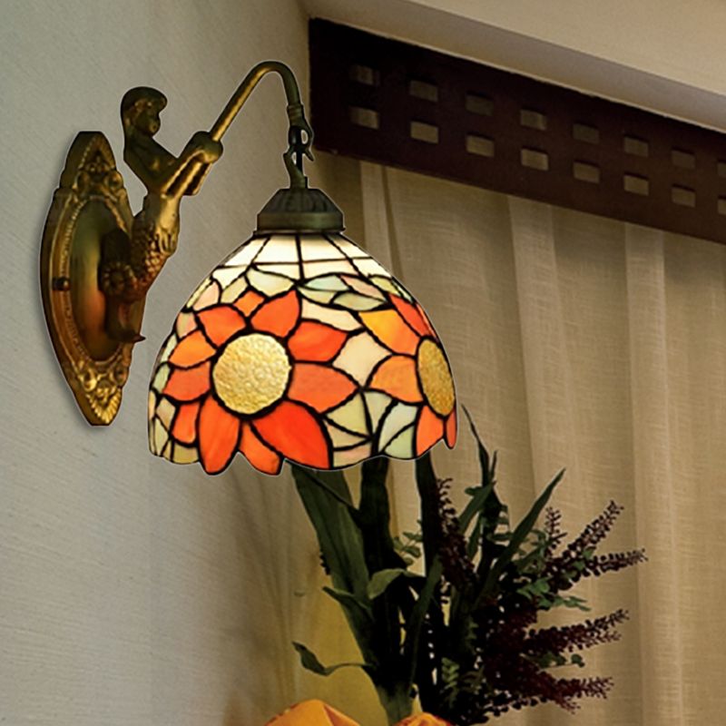 1 Head Hallway Wall Mounted Light Tiffany Orange Sconce Light whit Sunflower Stained Glass Shade
