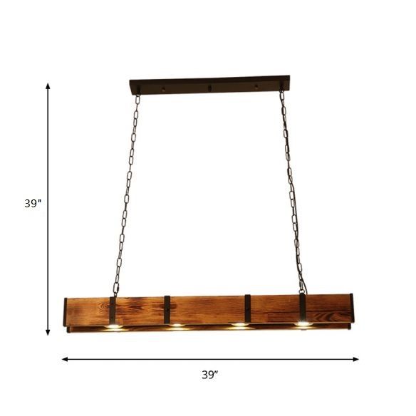 Rectangular Wooden Island Ceiling Light Industrial 4 Lights Brown Island Lamp with Metal Chain