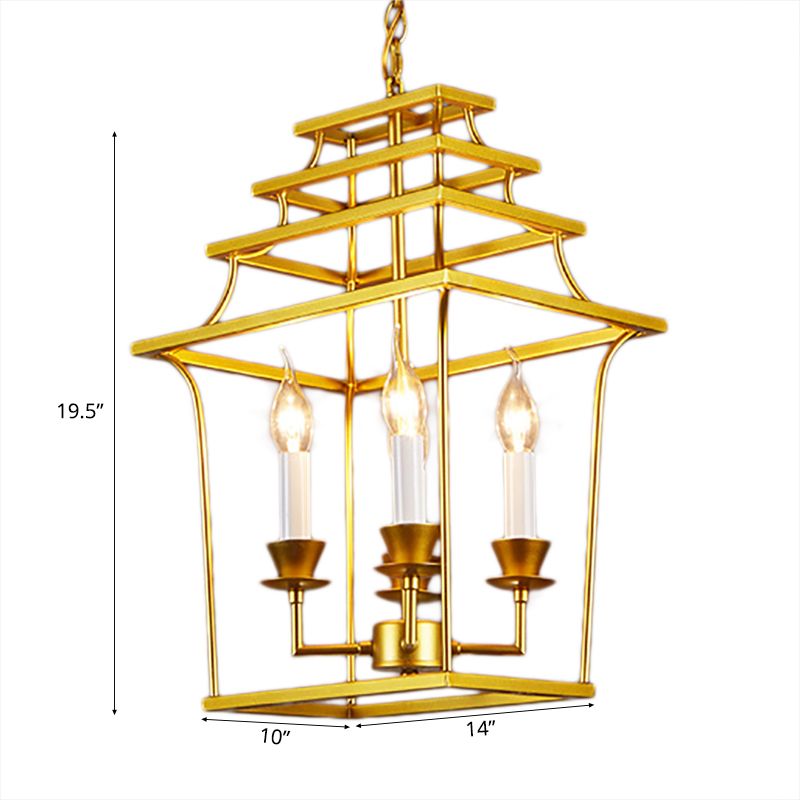 Golden Lantern Cage Hanging Lamp Vintage Stylish Metal 4 Lights Living Room Pendant Lighting