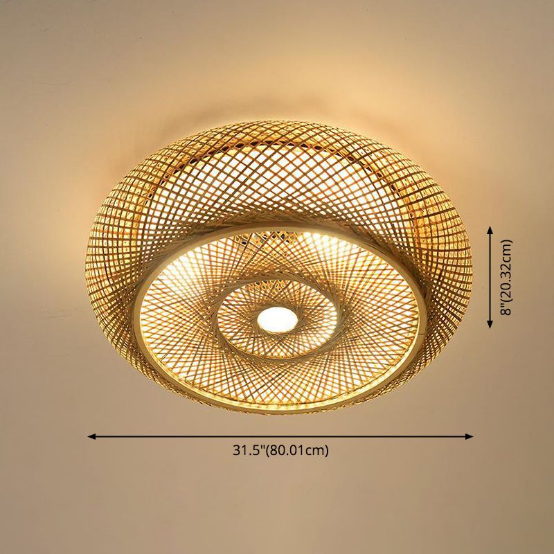 Lámpara de techo de 3 luces con forma de tambor de estilo creativo asiático, montaje empotrado de arte tejido de bambú para pasillo