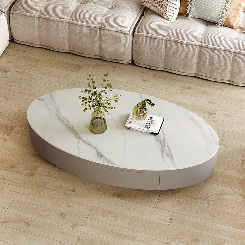 13.7"Tall Drum Oval Slate Top Coffee Table with Drawer for Living Room