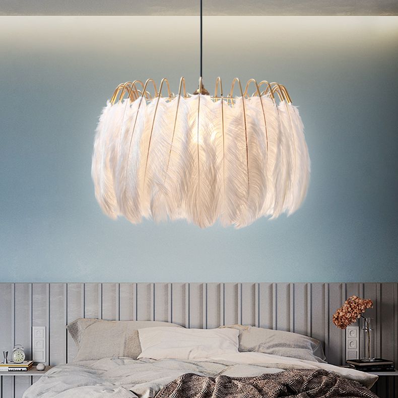 White Drum Pendant Lighting Fixture Modern Style Feather Suspension Pendant Light