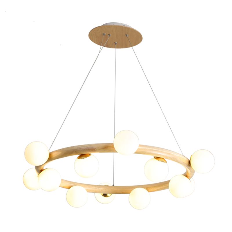 Modern Creative Chandelier Wooden Globe Pendant Light with White Glass Shade