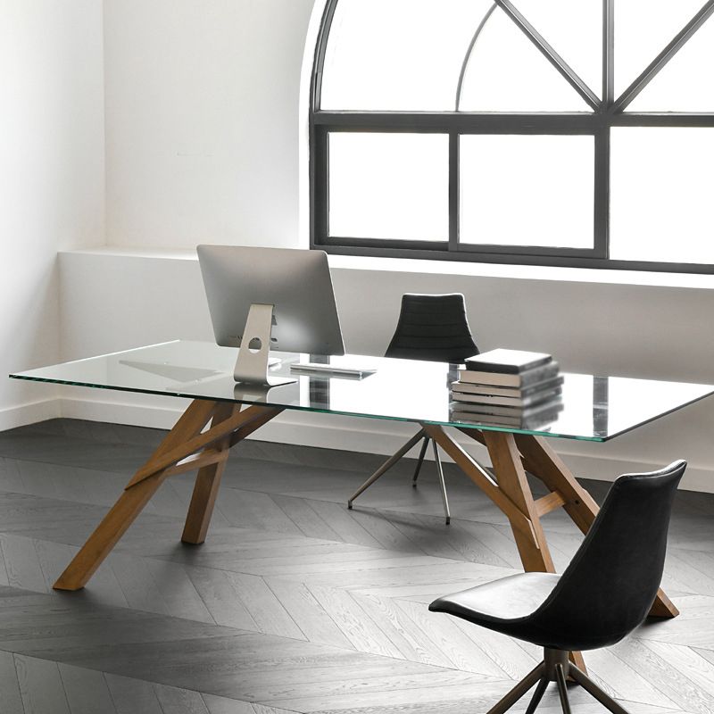 Glass Top Dining Table Modern Dining Table with Solid Wood Base