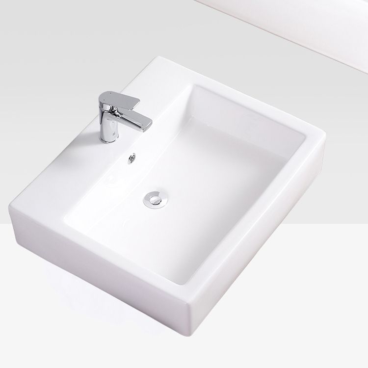 Bathroom Sink White Rectangle Overflow Ceramic One Hole Sink with Faucet