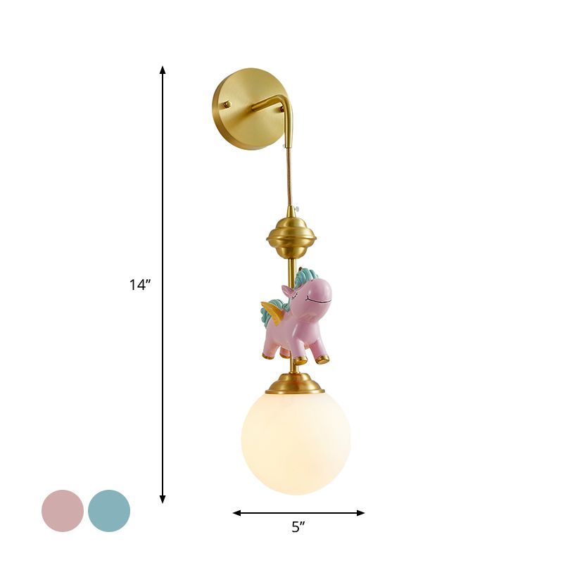 Kids Globe Wall Mount White Glass Single Head Bedroom Wall Mounted Lamp in Brass with Pink/Blue Unicorn Decor