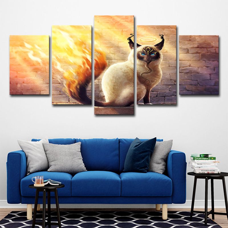Cat with Fire Tail Canvas Cartoon Magical Comic Character Wall Art Print in Yellow