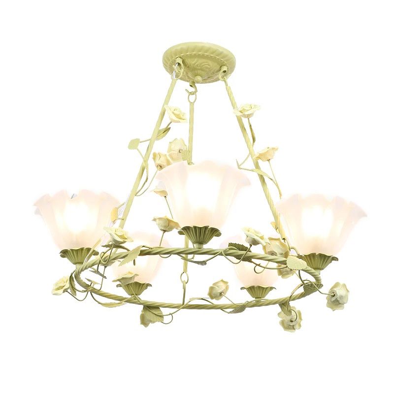 Green 5 Heads Chandelier Lighting Korean Flower Frosted Glass Circle Pendant Ceiling Light for Living Room