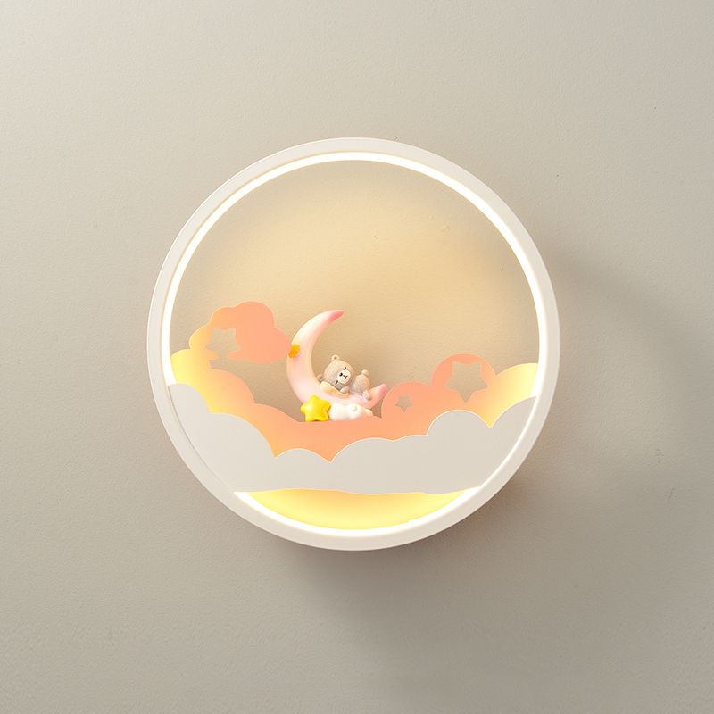 White Cloud Wall Sconce Lighting Contemporary LED Acrylic Ring Wall Lamp Fixture with Girl/Bear/Little Monk Deco
