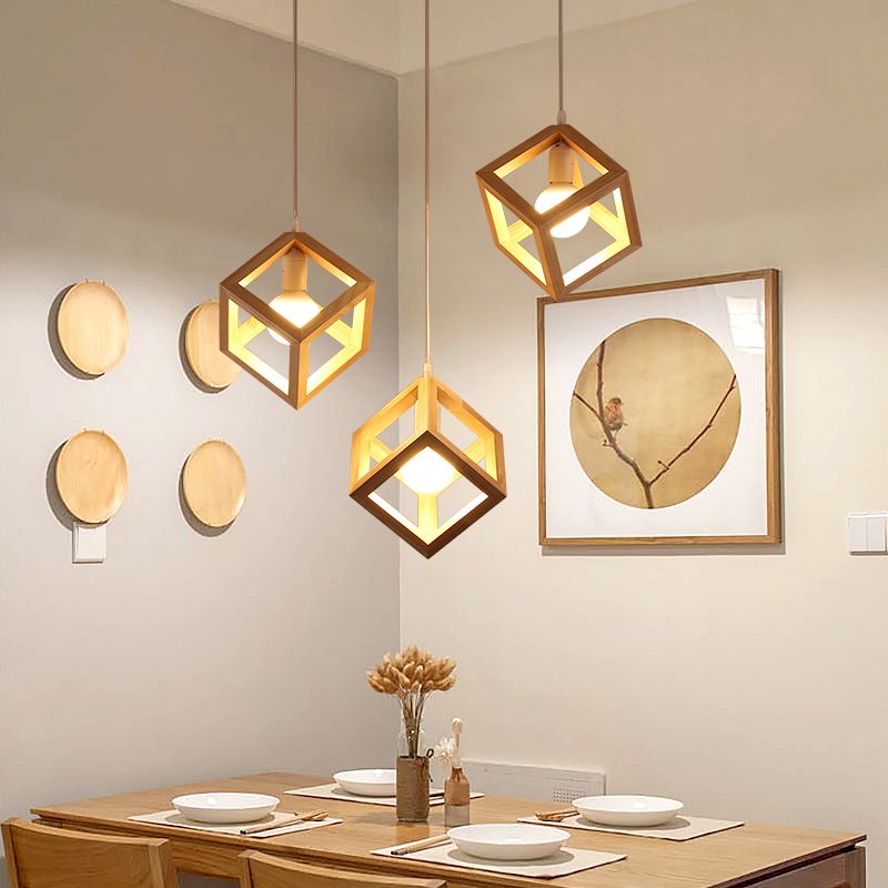 Log Color Square Pendant Light in Modern Concis Concis Wooden Intérieure en bois lampe de suspension intérieure