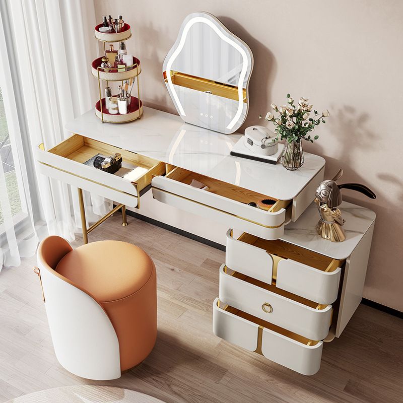 White Glam Vanity Dressing Table Set with Stool & 5 Storage Drawers