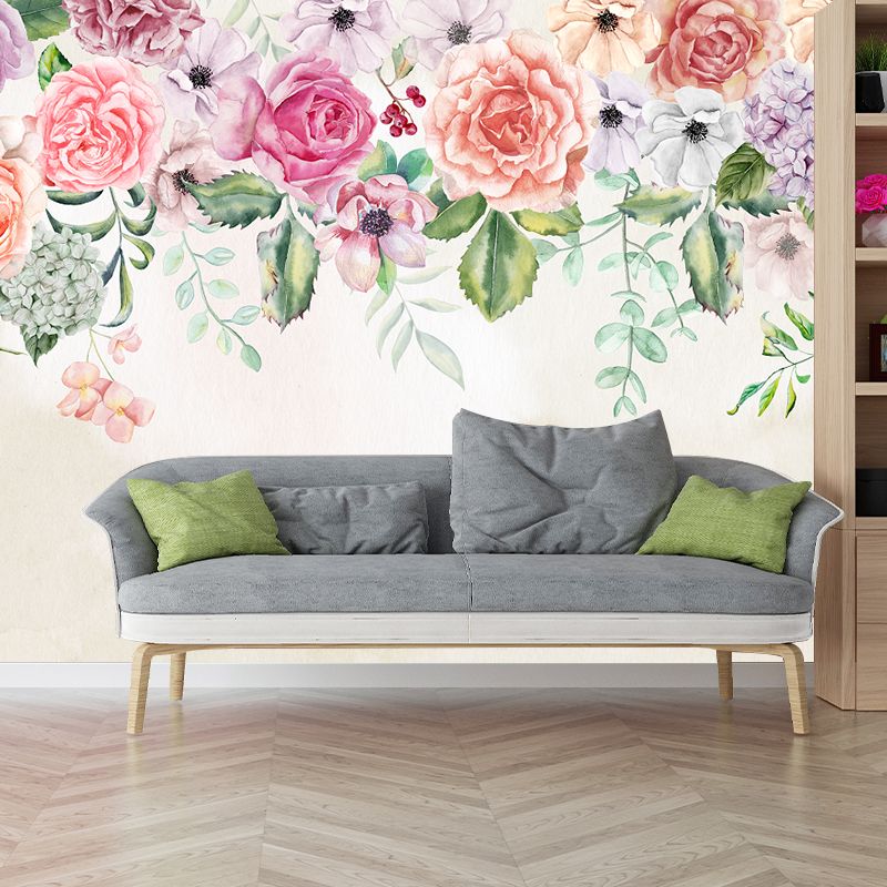 Flower Pattern Murals Contemporary Non-Woven Fabric Wall Covering in Pink and Green