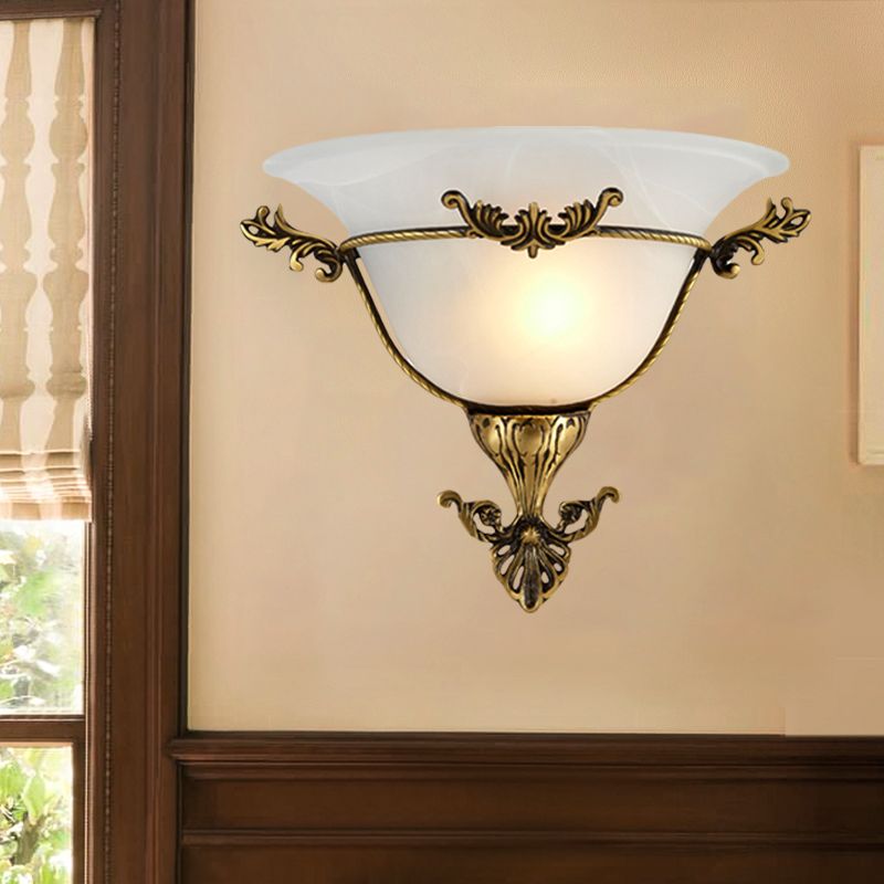 Single Bulb Flush Mount Traditional Flared Milky Glass Wall Sconce Lighting in Brass for Living Room