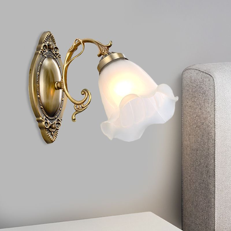 1 Light Opal Glass Wall Lighting Idea Traditional Brass/Bronze Finish Flower Indoor Wall Mount Lamp