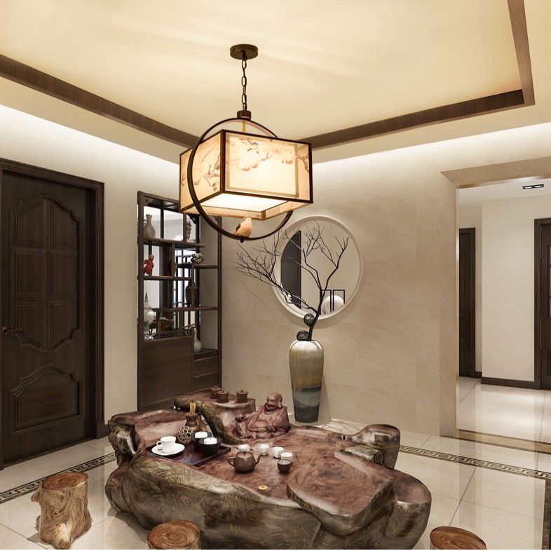 Square Fabric Suspension Pendant Light Chinese Style Black Hanging Ceiling Light