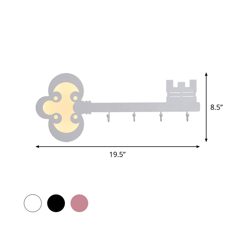Key Bedroom Sconce Lamp Metal Led Cartoon Wall Mounted Lighting in Black/White/Pink with Hook