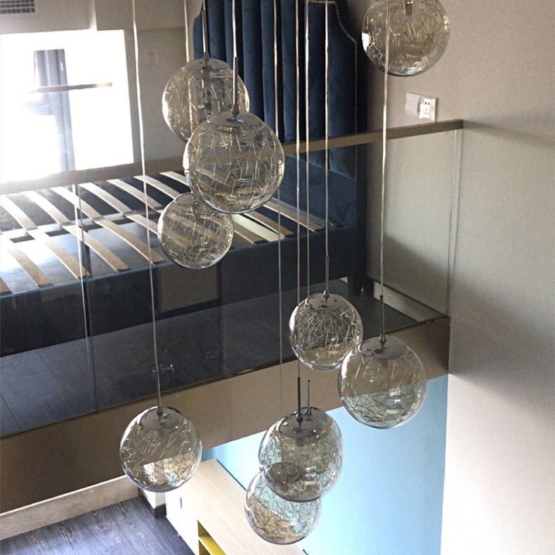 Modern Ball Pendant Clear Glass Multi Lights Hanging Ceiling Light for Spiral Stair