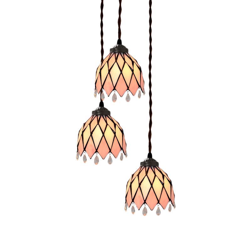 Victorian Bowl/Morning Glory Hanging Light Kit 3 Lights Pink Stained Glass Cluster Pendant for Dining Room