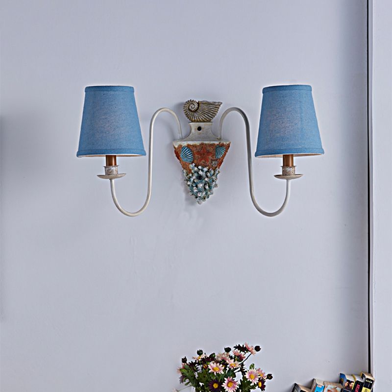 2-Bulb Metal Wall Lighting Country Blue Curved Arm Indoor Sconce Light Fixture with Tapered Fabric Shade