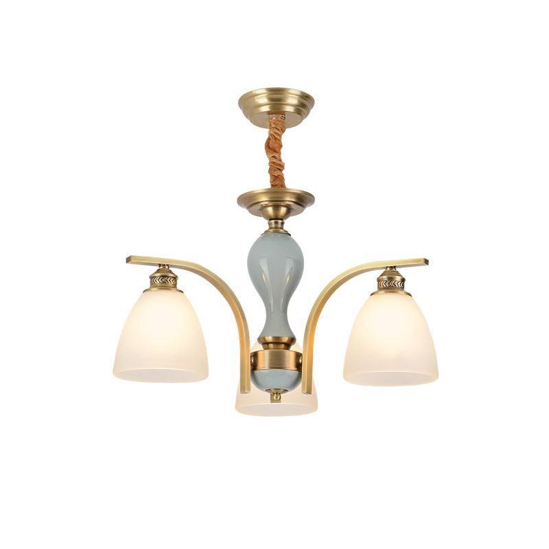 Frosted Glass Brass-Blue Chandelier Bell Shaped Antique Style Hanging Light with Ceramic Deco