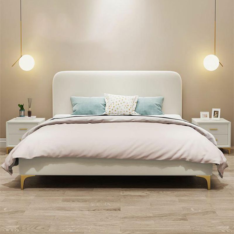 Faux Leather White Panel Bed 40.16" H Low Profile Upholstered Bed with Metal Legs