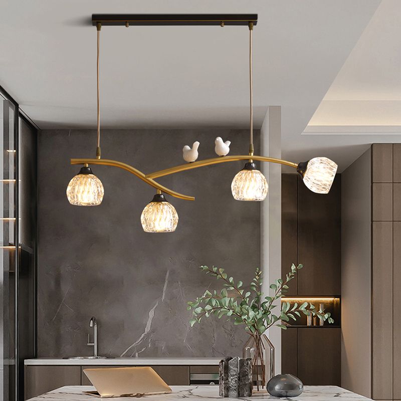 4 Lights Brass Branch Shaped Island Light Pineapple Texture Glass Shade Modern Style Dining Room Lighting Fixture with Ceramic Bird Decoration