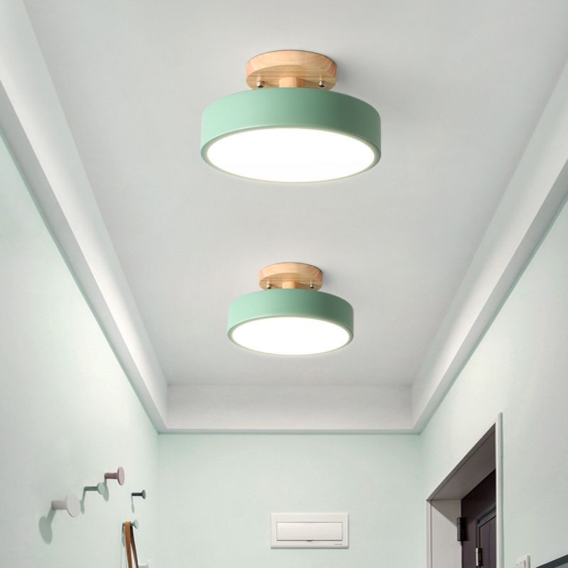 Round Corridor Semi Flush Light Acrylic Macaron Style LED Flush Ceiling Light with Wooden Canopy