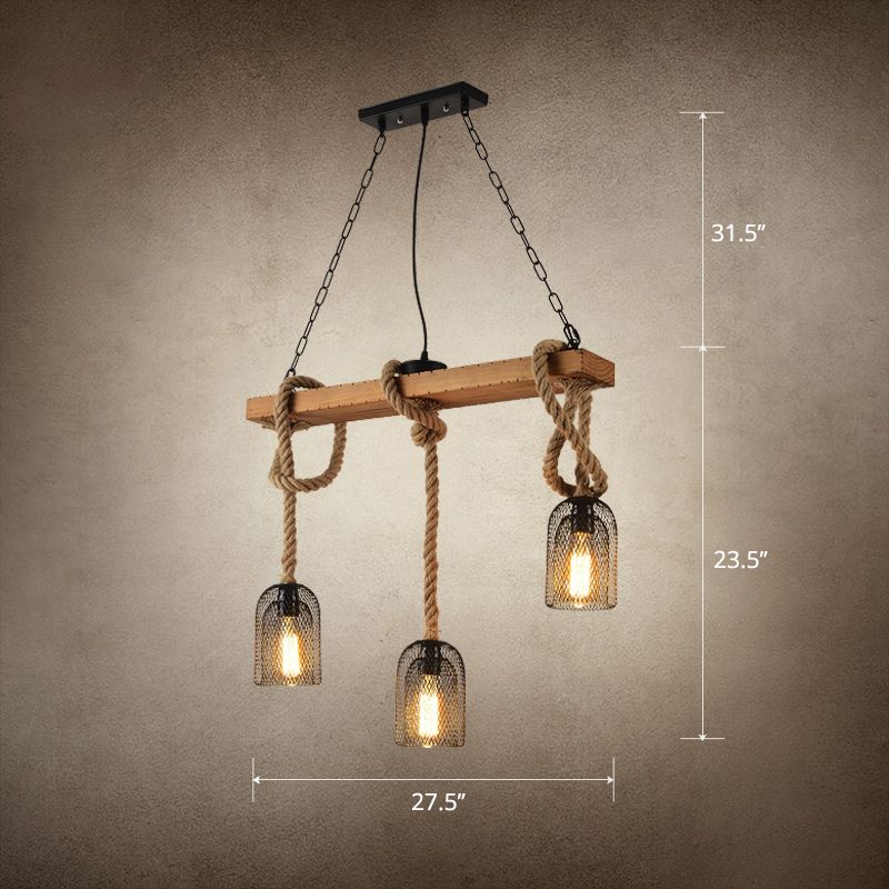 Countryside Mesh Hanging Pendant Lamp Metal Island Lighting with Rope Cord in Wood