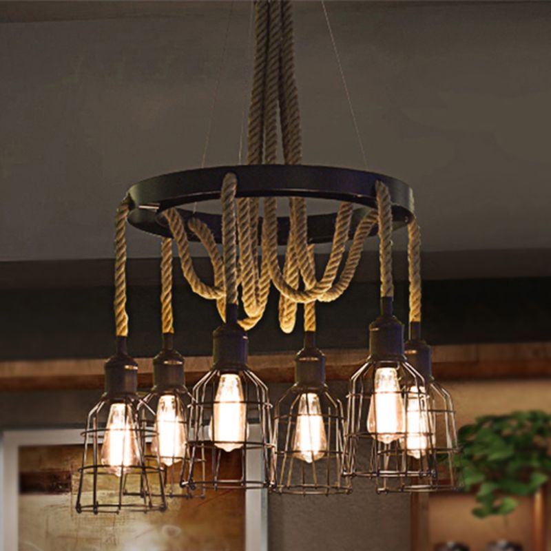 Black Multi Light Chandelier Pendant Light Vintage Style Metal Global/Bell Cage Pendant Lamp with Rope