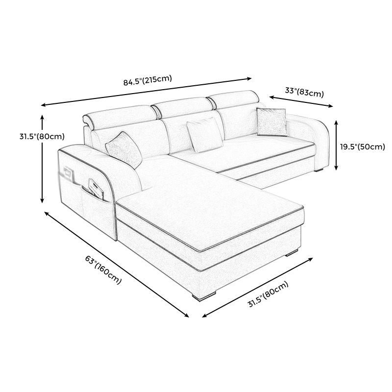 Contemporary Sofa Grey L-Shape High Back Square Arm Sectional with Storage