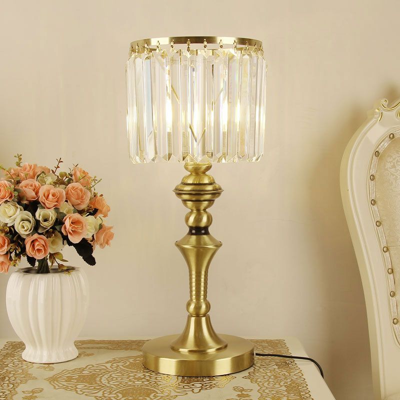 Cylindrical Desk Lamp Post Modern Crystal Flute LED Table Light for Study Room in Brass