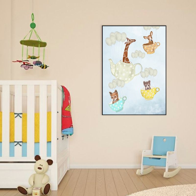Pastel Cartoon Wall Art Animals in Their Sailing Boat Drawing Canvas Print for Kids Room