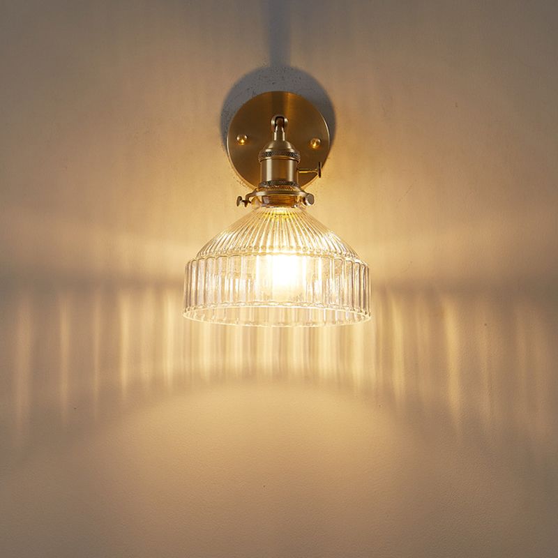 Industrial Wall Lamp Pressed Ribbed Glass Wall Light Sconce in Gold Finish for Bedroom