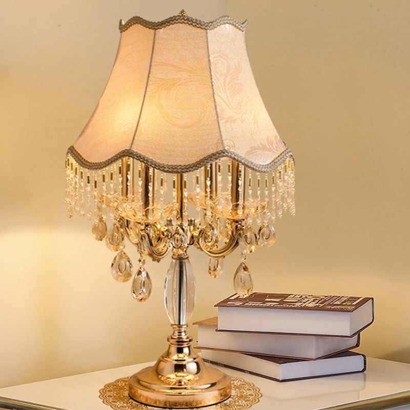 1 Bulb Night Lighting Traditional Flared Fabric Shade Table Light in Gold with Clear Crystal Draping