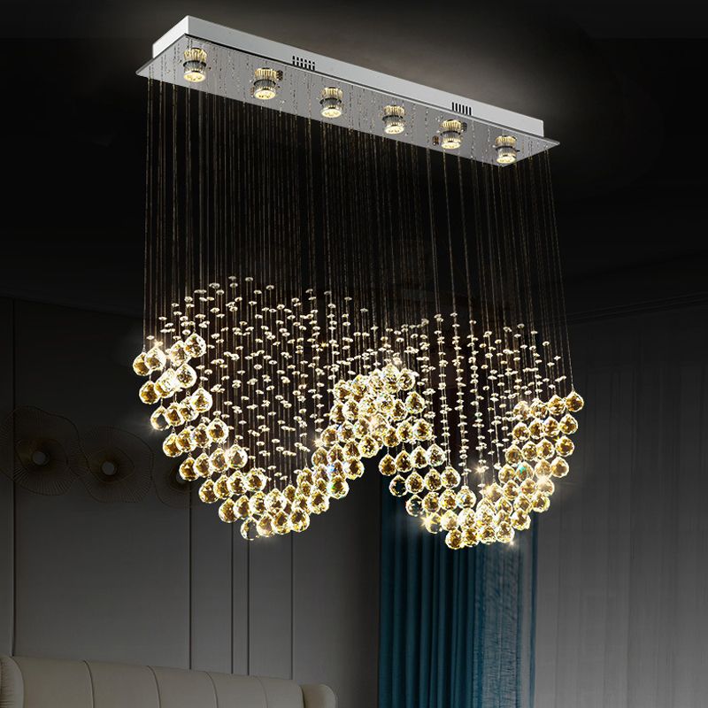 W Shaped Crystal Ceiling Lamp Modernism 6-Light Dining Room Flush Mounted Light in Stainless Steel