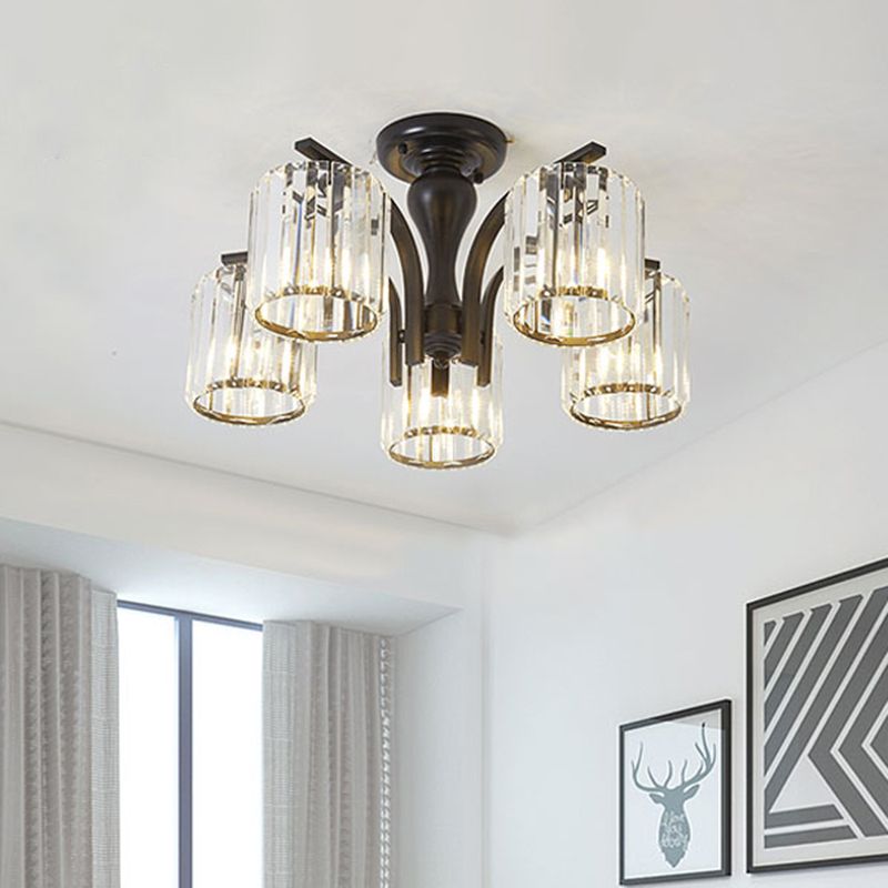 Cilinder semi-inbouwlamp met kristallen kap Scandinavisch metaal 3/5-lichts zwarte plafondlamp
