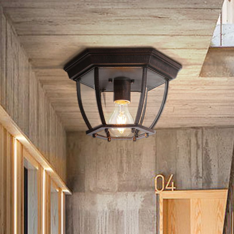 1 Bulb Cage Flush Light Traditionary Clear Glass Ceiling Mounted Fixture in Rust for Balcony