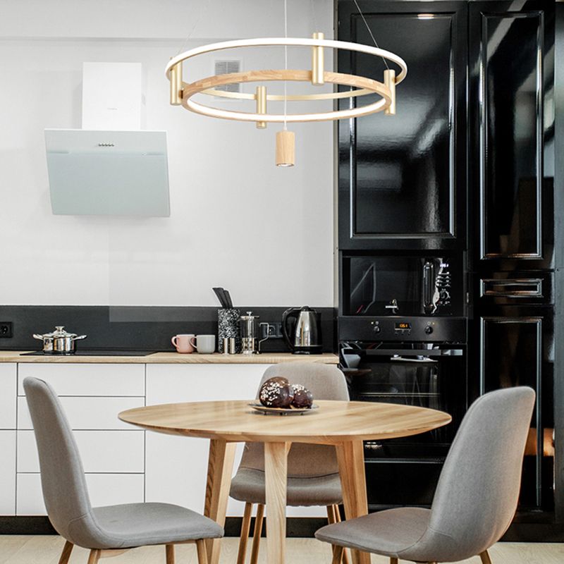 Natural Wood Circle Chandelier Simplicity LED Pendant Light with Spotlight