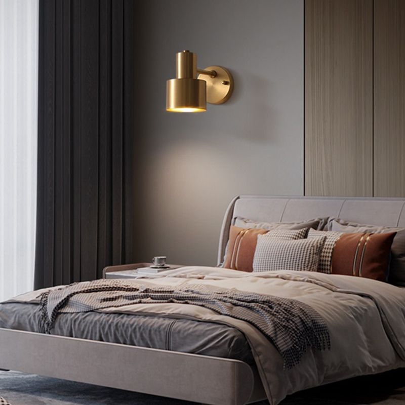 Modern Copper Wall Mount Lamp Cylindrical Shape Golden with Metal Shade for Living Room