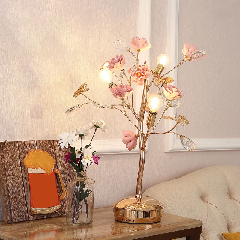 Floral Ceramic Table Light Pastoral Style Living Room Nightstand Lamp with Decorative Crystal