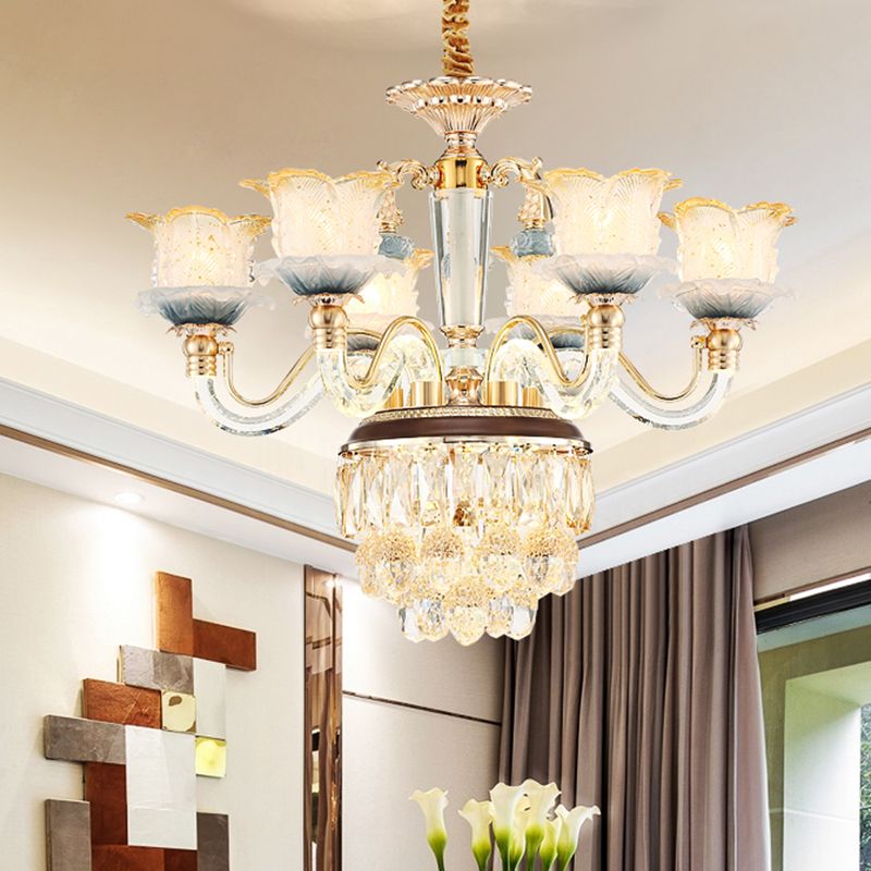 Flower Crystal Hanging Ceiling Light Traditional 8-Bulb Living Room Chandelier Lamp in Gold