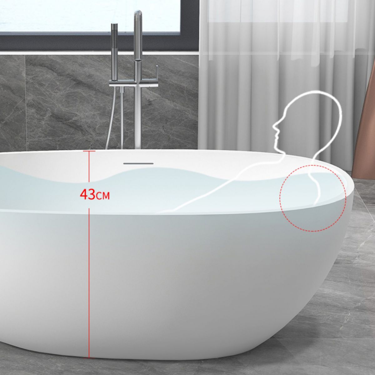 Modern Ellipse White Bathtub Stone Freestanding Soaking Bathtub with Drain Bath Tub