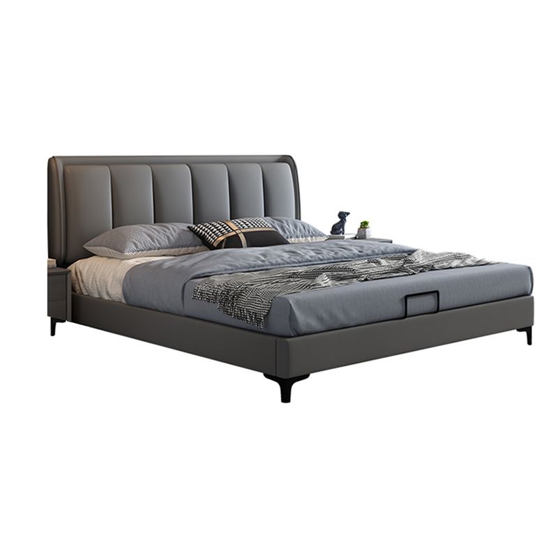 Grey Rectangular Headboard Standard Bed with Wooden Legs Bed